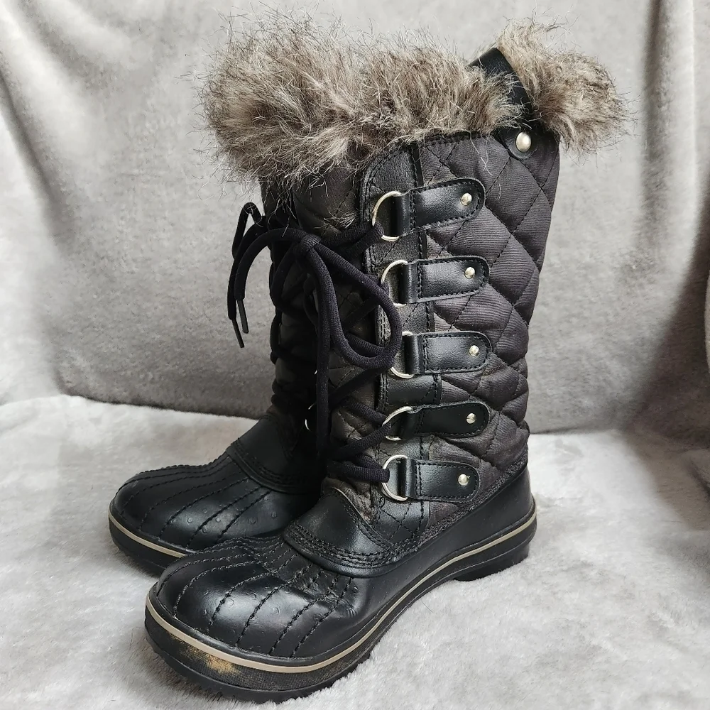 Sorel Tofino Womens 7 Boots Black Winter Waterproof Quilted Faux-Fur Trim